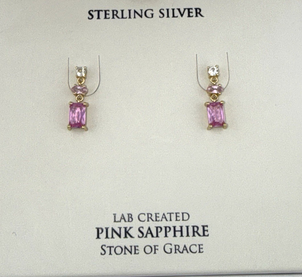 Lab Created Pink White Sapphire Drop Earrings 18K Gold Over Sterling Silver NEW